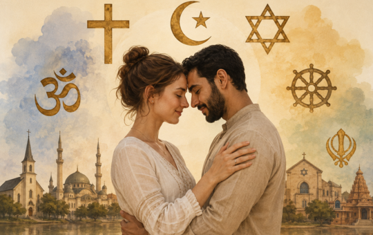 Paar und Symbole der Religionen im Hintergrund